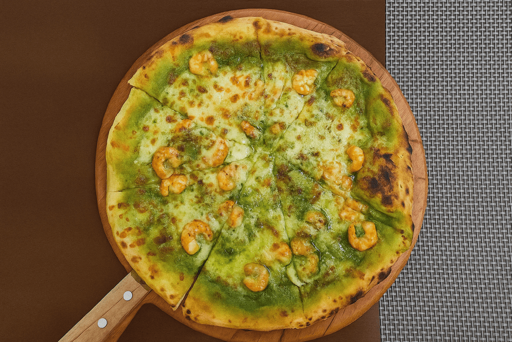 The pizza is served on a rustic wooden board, adding a touch of charm to the dining experience